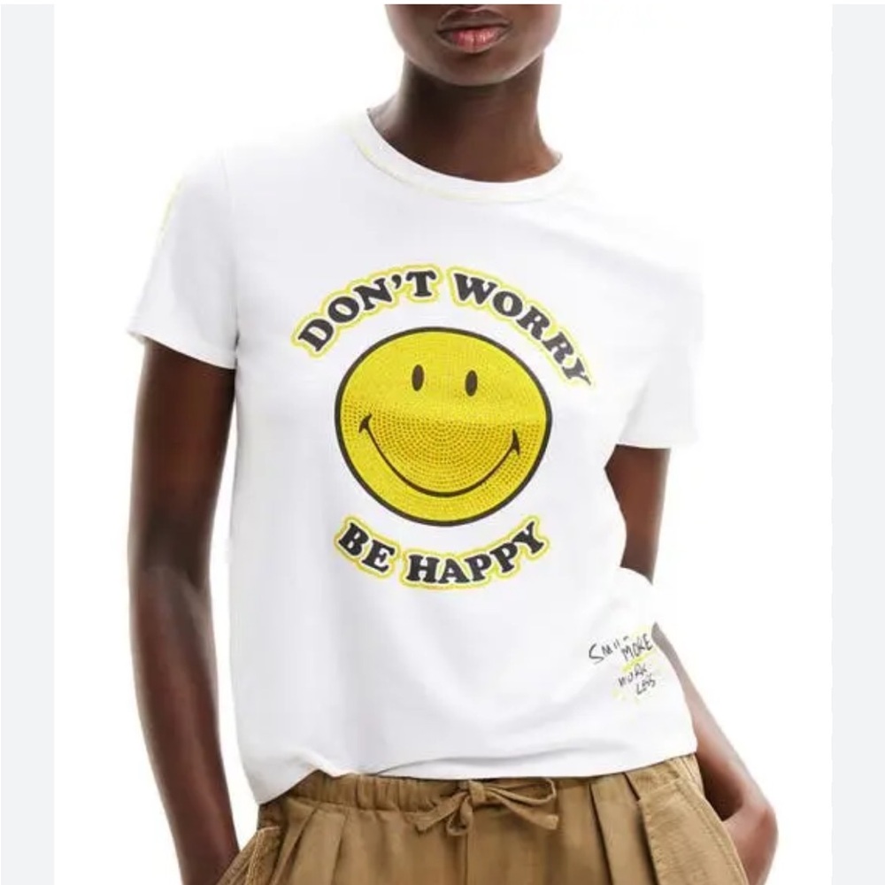 Desigual White Tee with Yellow Stitching